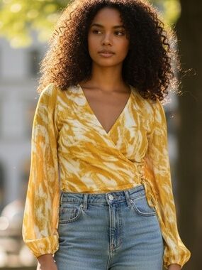 Astr Mustard and Cream Wrap Blouse